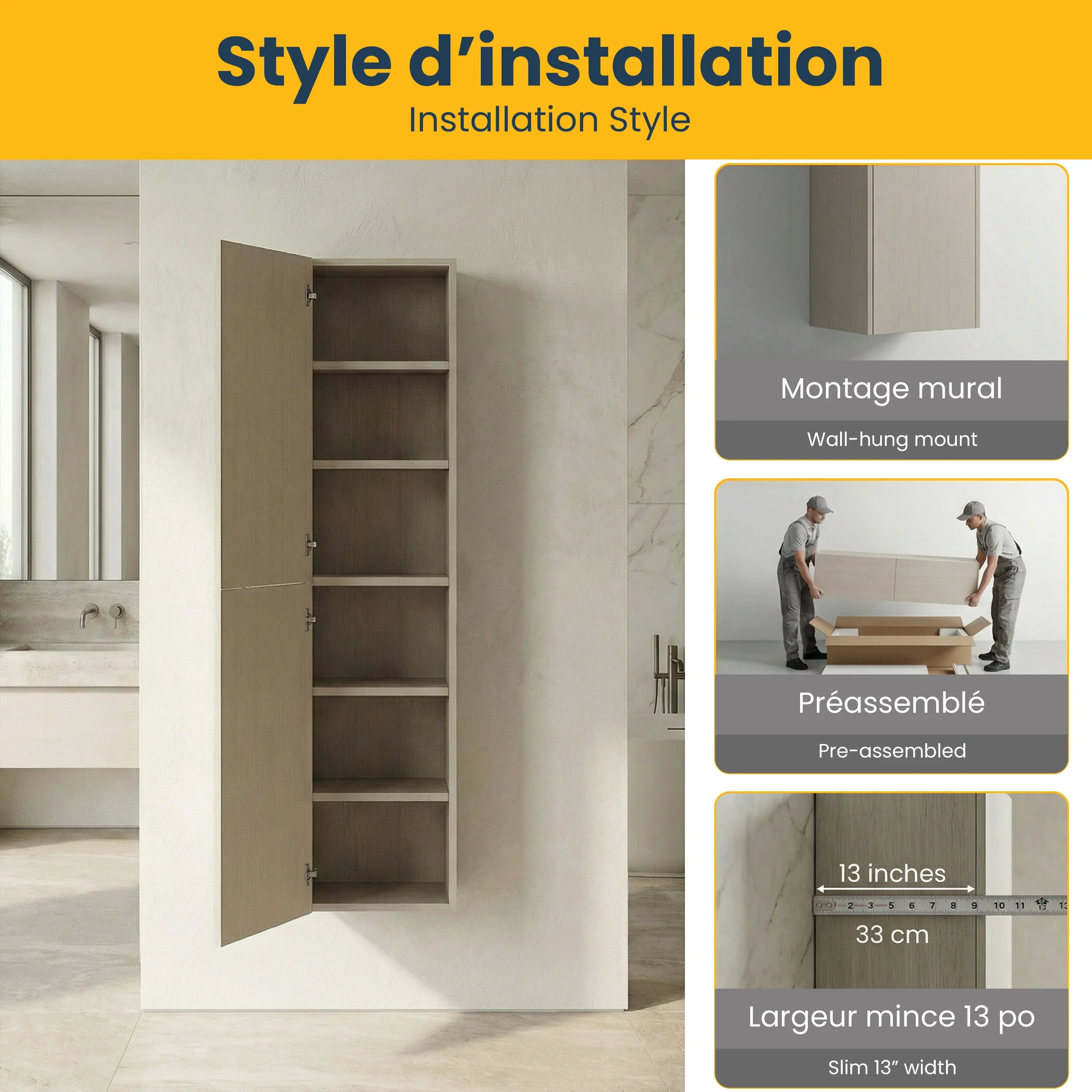 Meuble de rangement mural Hillcrest Taupe à 2 portes avec étagères - Rangement de salle de bain