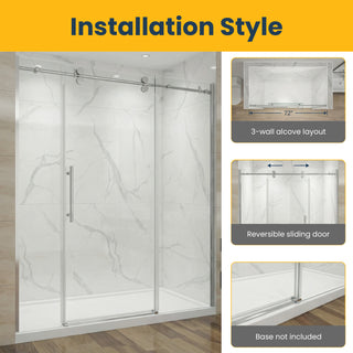 72" x 75" Alcove Reversible Sliding Shower Door in Chrome - 10mm Glass, 3-Wall Setup (Base Not Included)