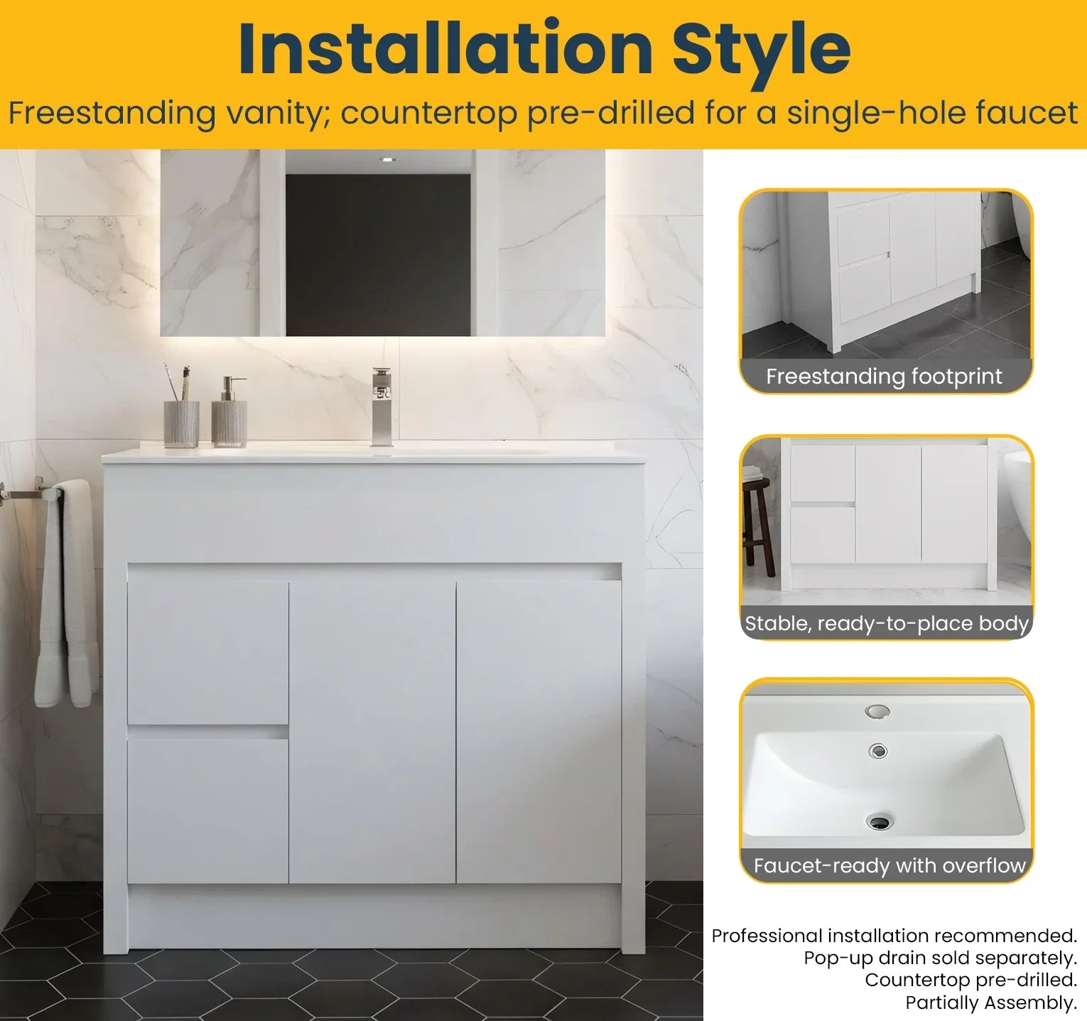 40" Matte White Freestanding Single Sink Bathroom Vanity with White Ceramic Countertop