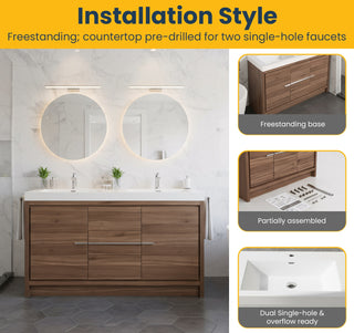 Meuble-Lavabo Autoportant 48po Noyer avec Comptoir de Polymarbre Blanc