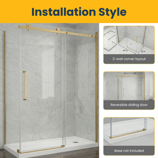 Porte de douche coulissante réversible de 60 po x 32 po x 75 po x 10 mm, quincaillerie carrée en or brossé avec panneau latéral de 32 po sans base