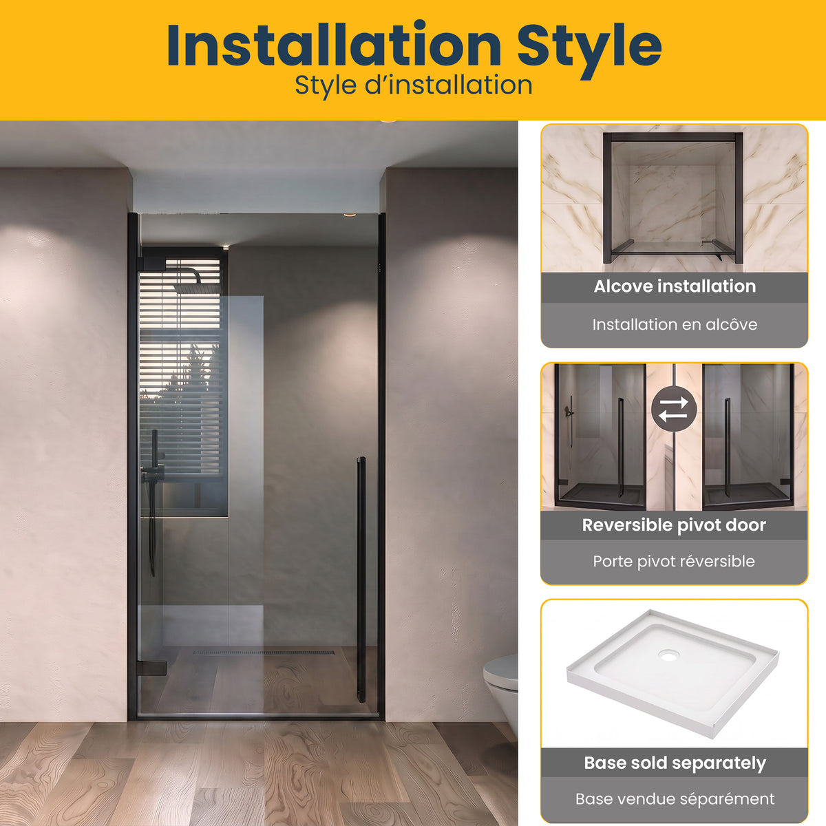 33.9"–34.3" W (Adjustable Width) x 79" H Frameless Reversible Pivot Shower Door in Matte Black with Black Tinted Glass