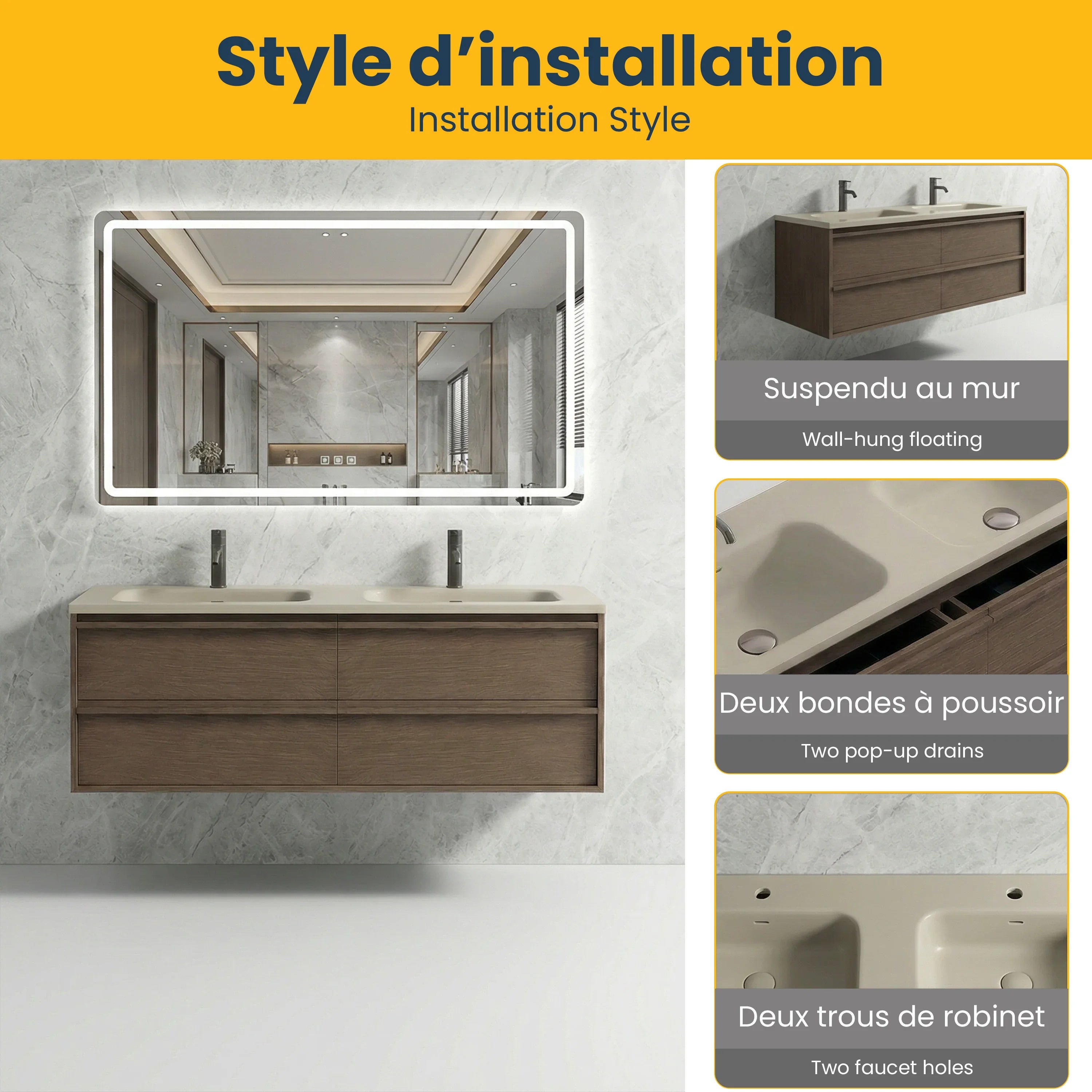 Meuble-lavabo Mural en Noisette 60 po avec Comptoir Intégré en Surface Solide Nano Taupe et Doubles Lavabos avec Pop-up