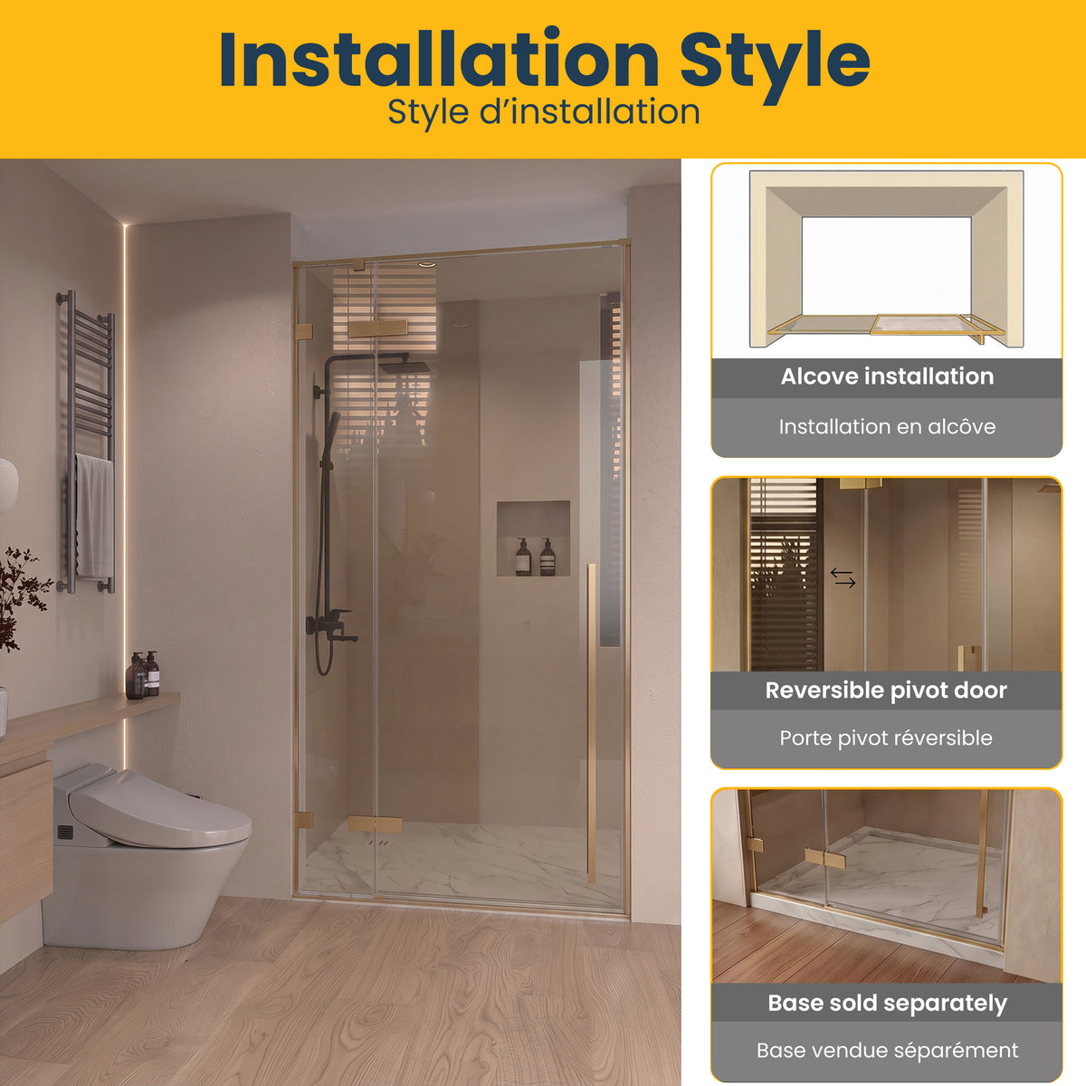 45.6"–46" W (Adjustable Width) x 79" H Frameless Reversible Pivot Shower Door in Brushed Gold with Brown Tinted Glass