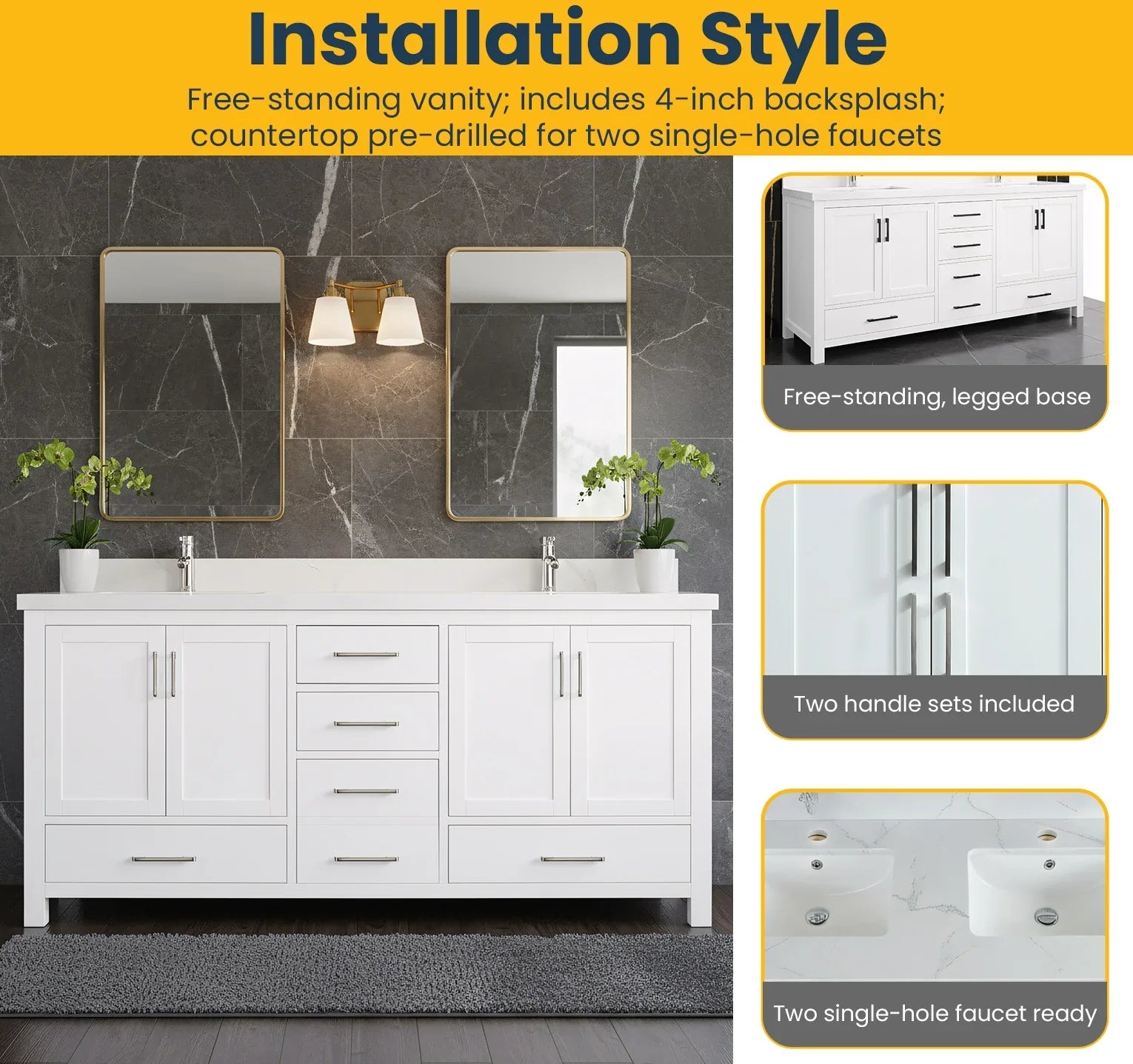 Meuble-Lavabo Autoportant 72po Blanc avec Comptoir de Marbre Ingénierie Calcutta