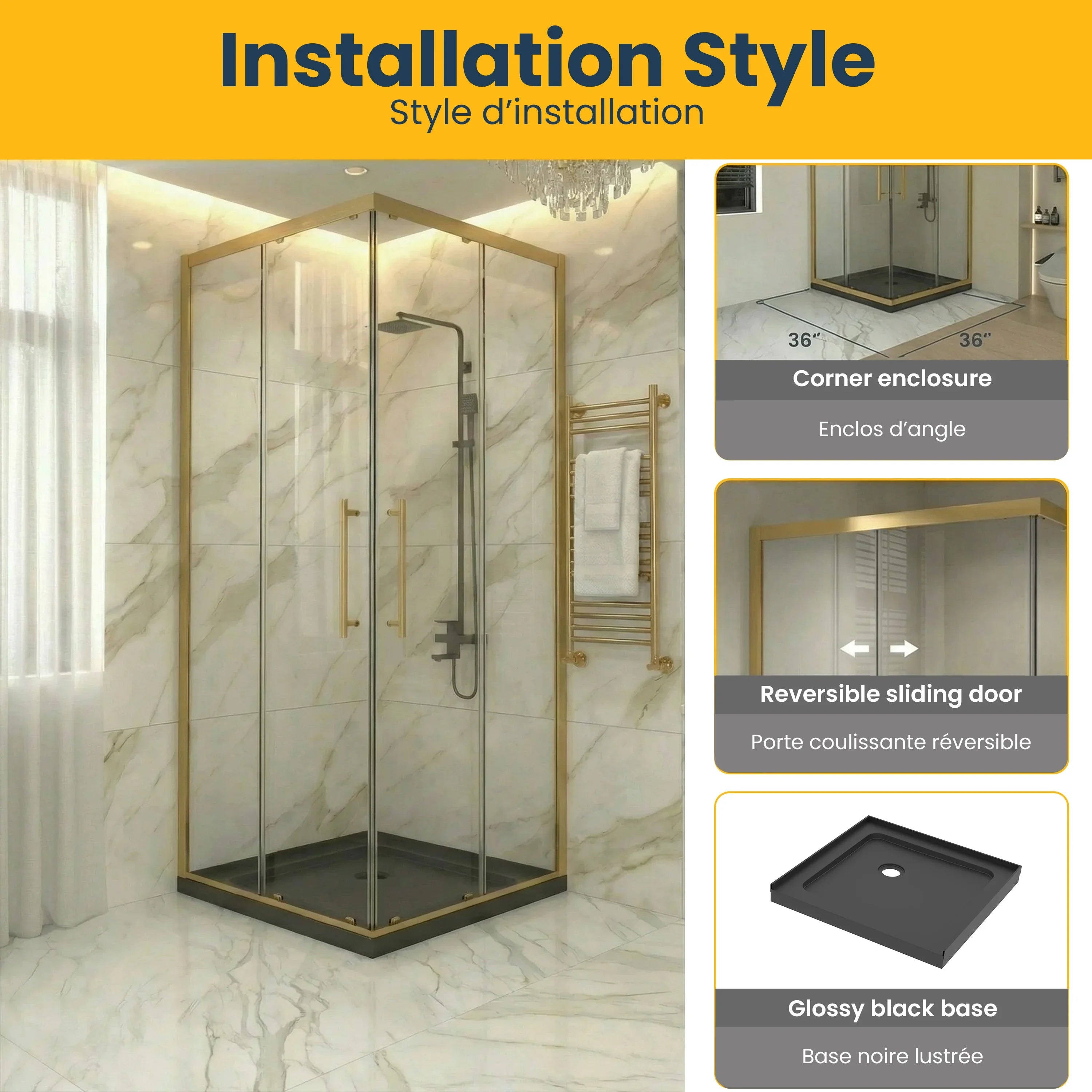 Porte de douche coin coulissante or brossé 36po x 36po avec base acrylique noire brillante