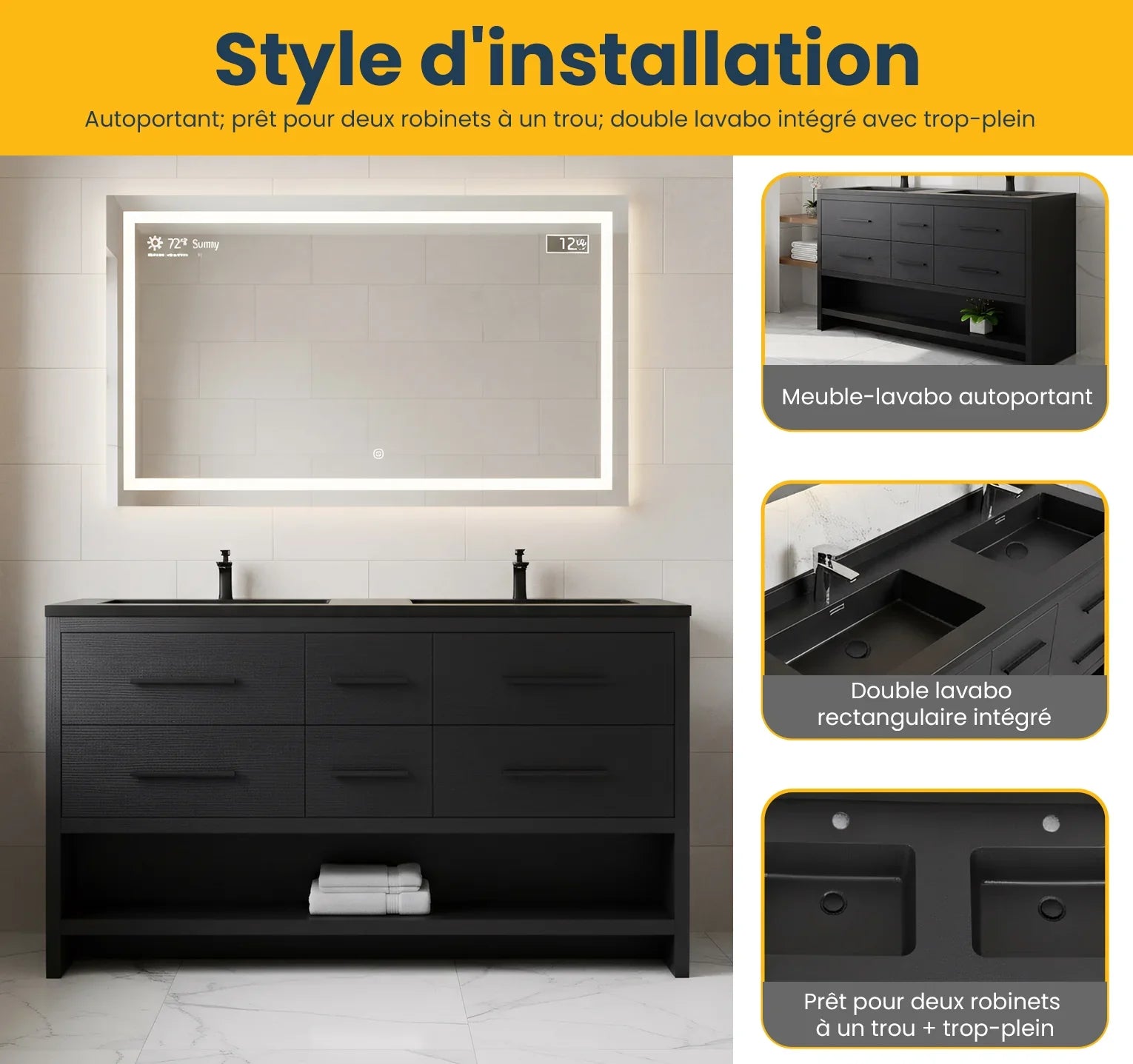 60" Black Oak Freestanding Double Sink Bathroom Vanity with Black Engineered Quartz Countertop