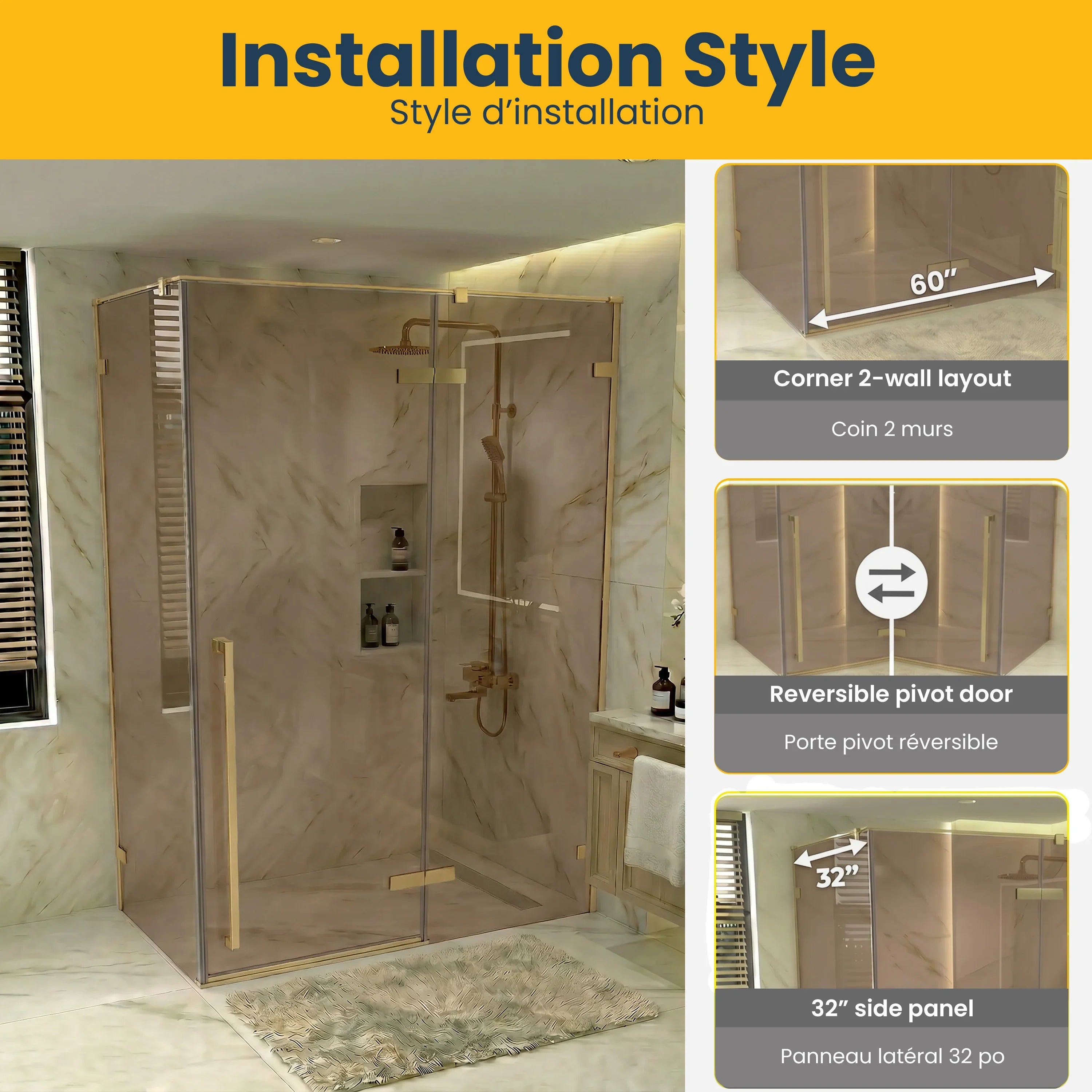 57.6"–58" x 79" Brushed Gold Reversible Pivot Shower Door with Brown Tinted Glass & 30.2"–30.5" Side Panel