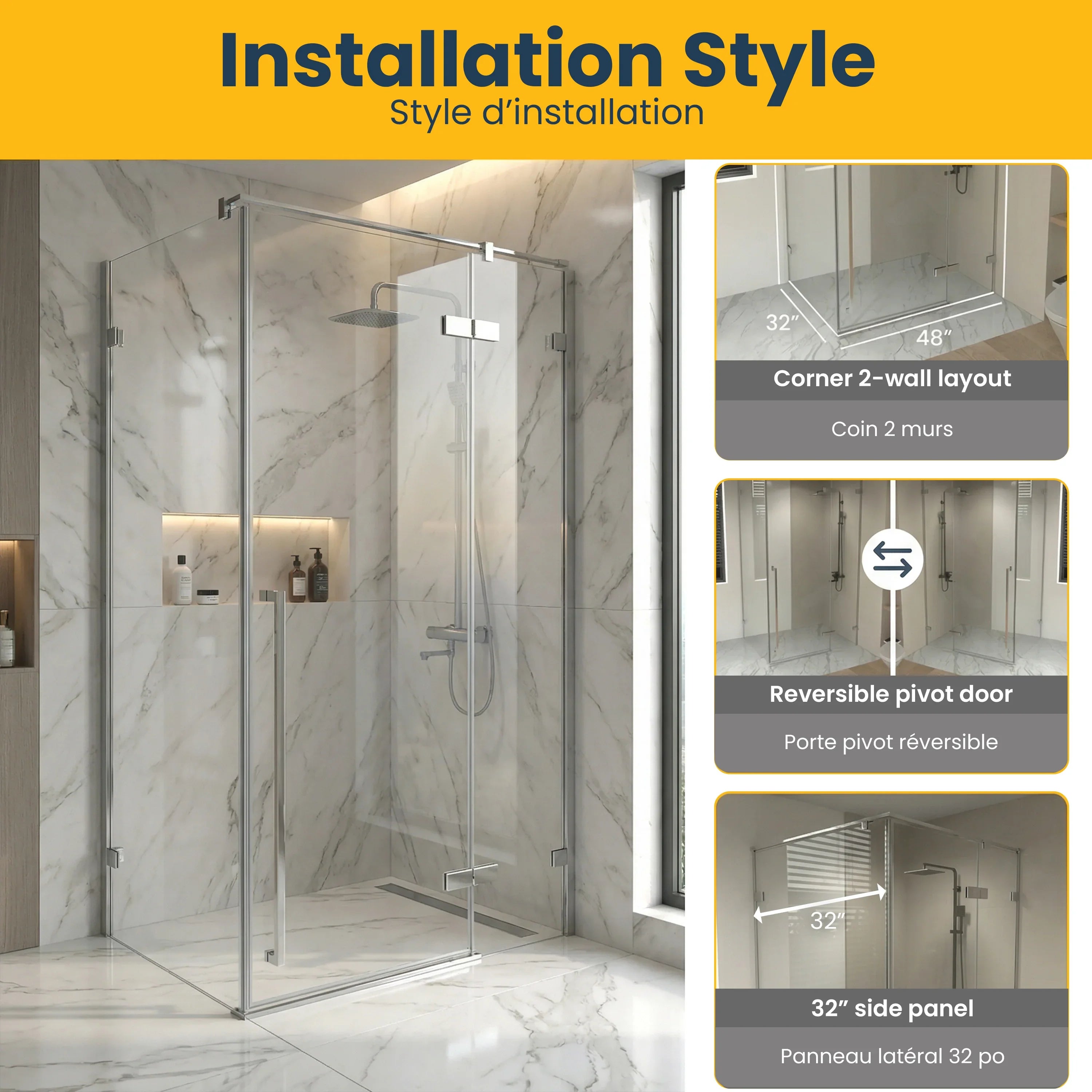 48" x 79" Chrome Reversible Pivot Shower Door with 32" Side Panel - Clear Glass