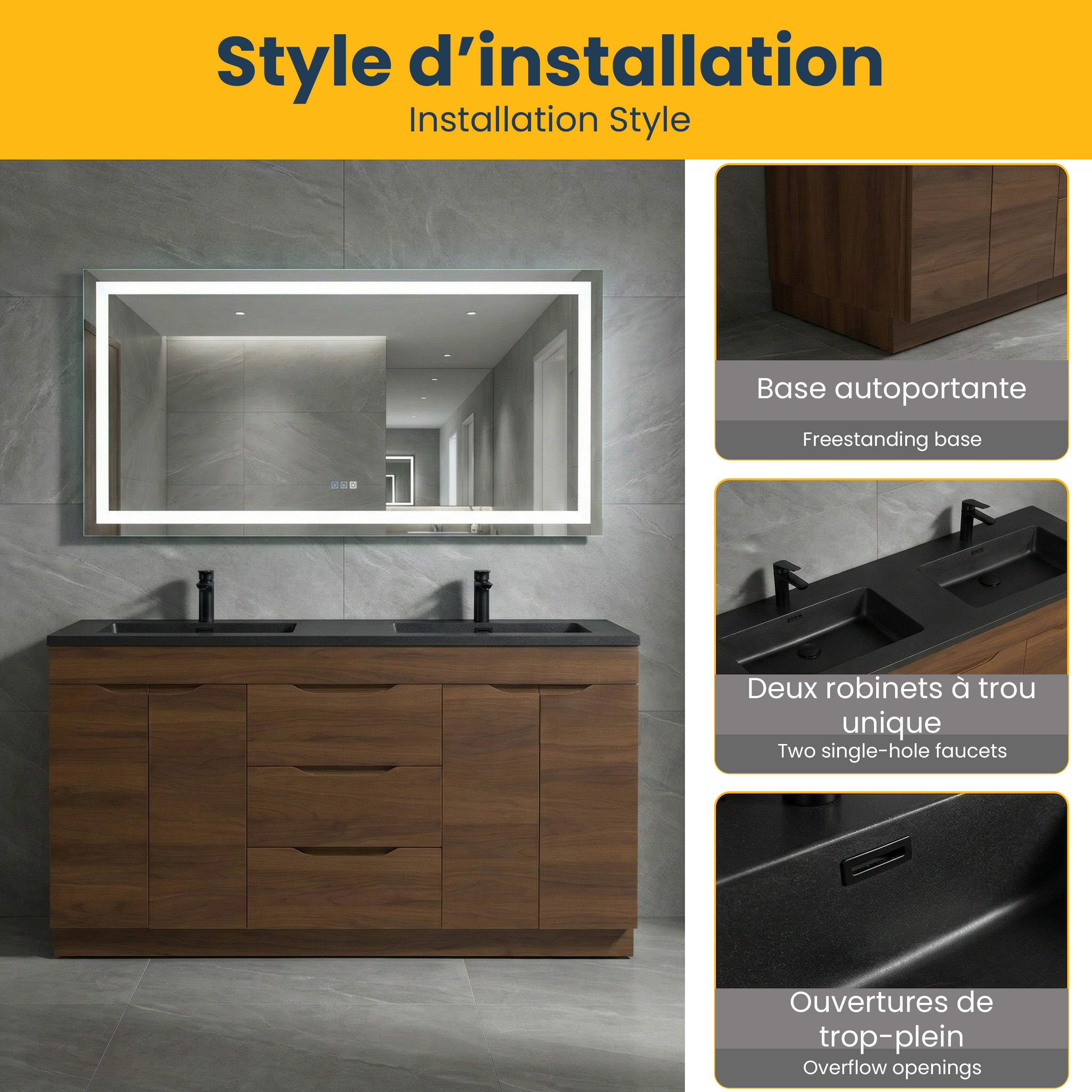 60" Walnut Freestanding Double Sink Vanity with Black Engineered Quartz Countertop