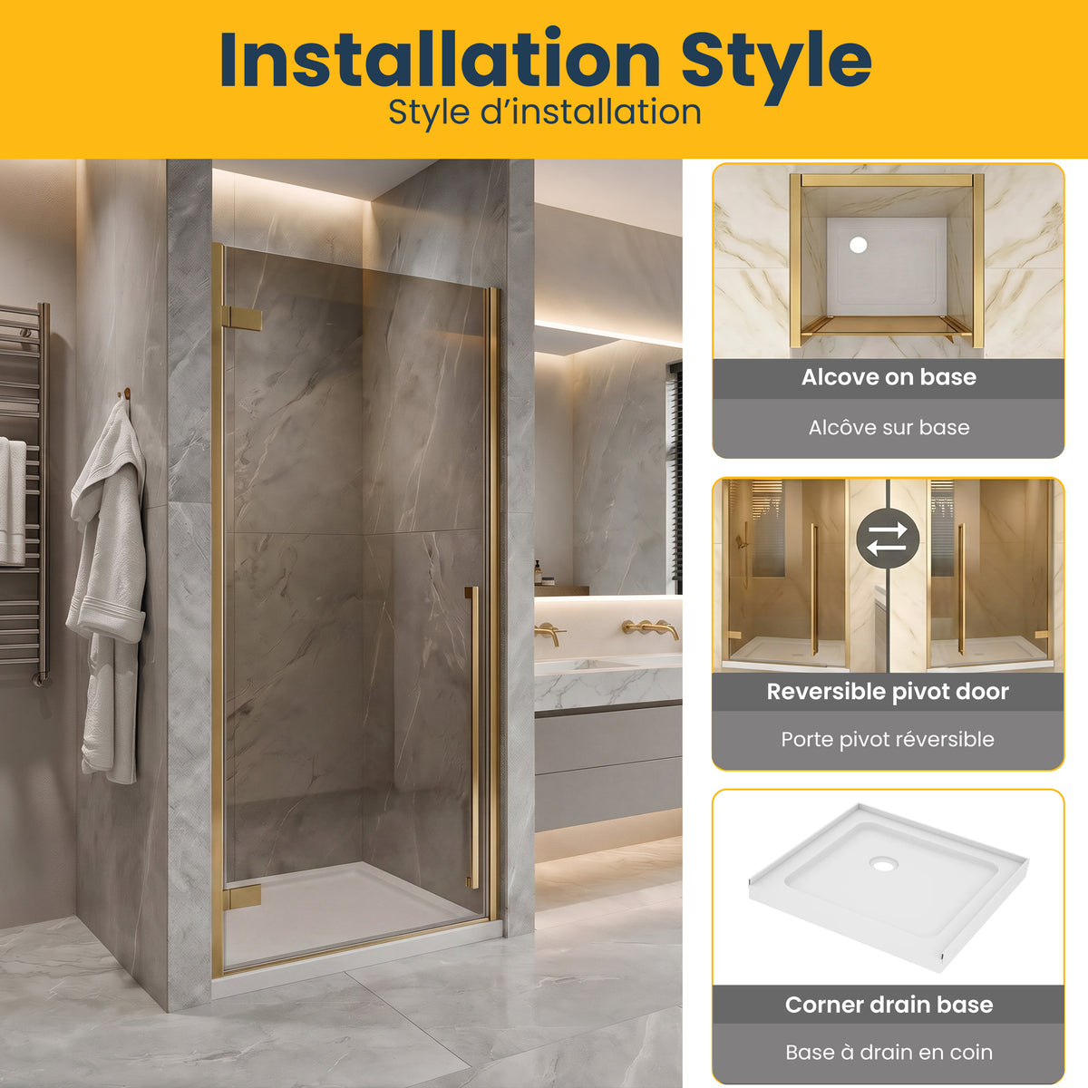 33,9po–34,3po L (largeur ajustable) x 79po H Porte de douche pivotante réversible sans cadre en or brossé avec verre teinté brun et base acrylique blanche