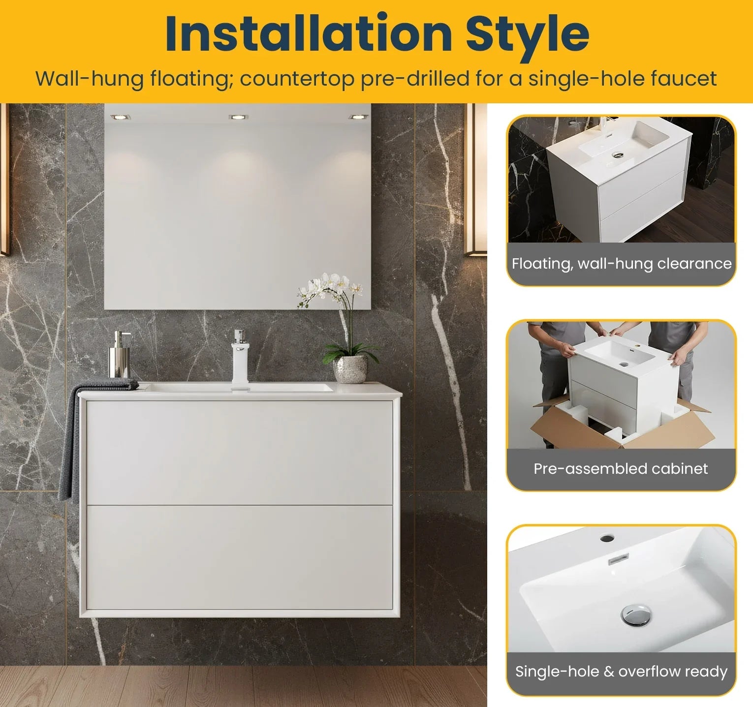 30" White Wall Mount Vanity with White Polymarble Countertop