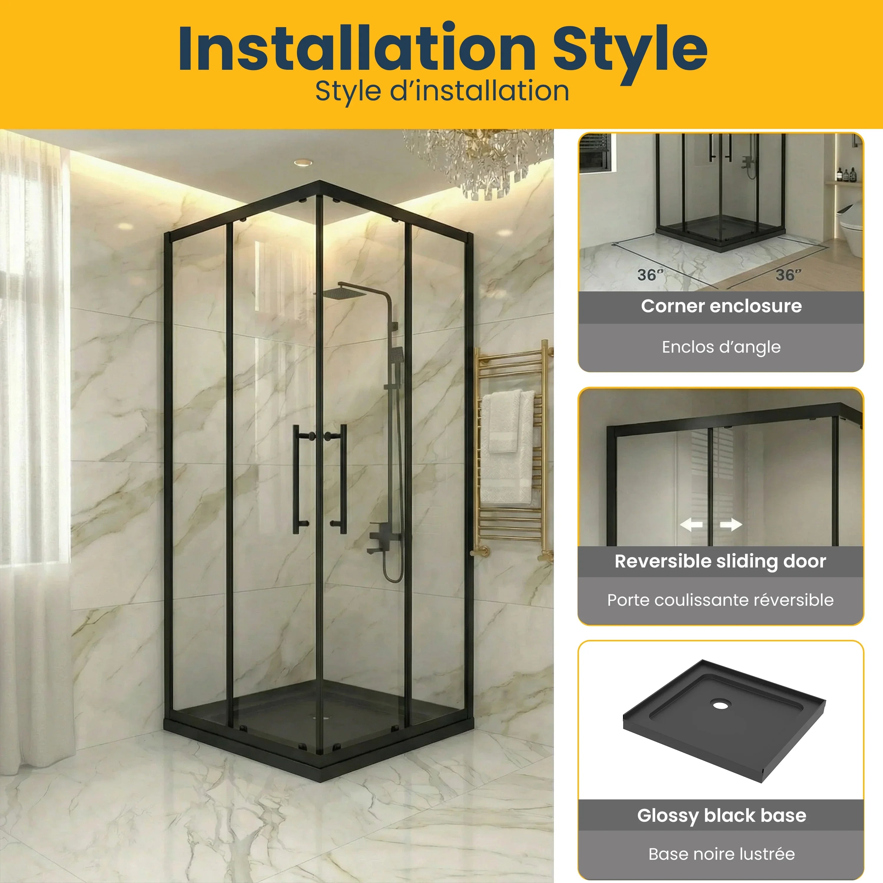 Porte de douche coin coulissante 36po x 36po noir mat réversible avec base acrylique noire brillante