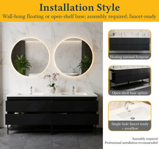 Meuble-lavabo double noir de 72" à fixer au mur avec Comptoir en polymarbre blanc