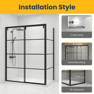48" x 79" Framed Reversible Sliding Shower Door with 36" Side Panel in Matte Black and Clear Glass Without Base