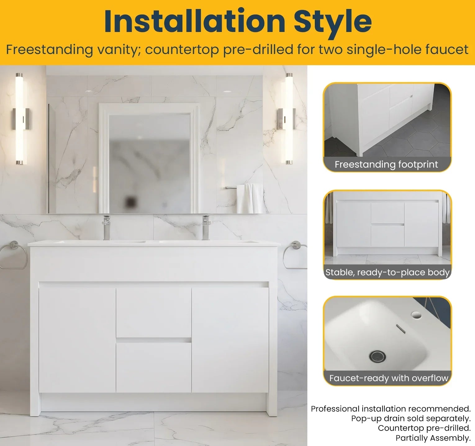 Meuble-Lavabo Autoportant 48po Blanc Mat avec Comptoir de Céramique Blanc