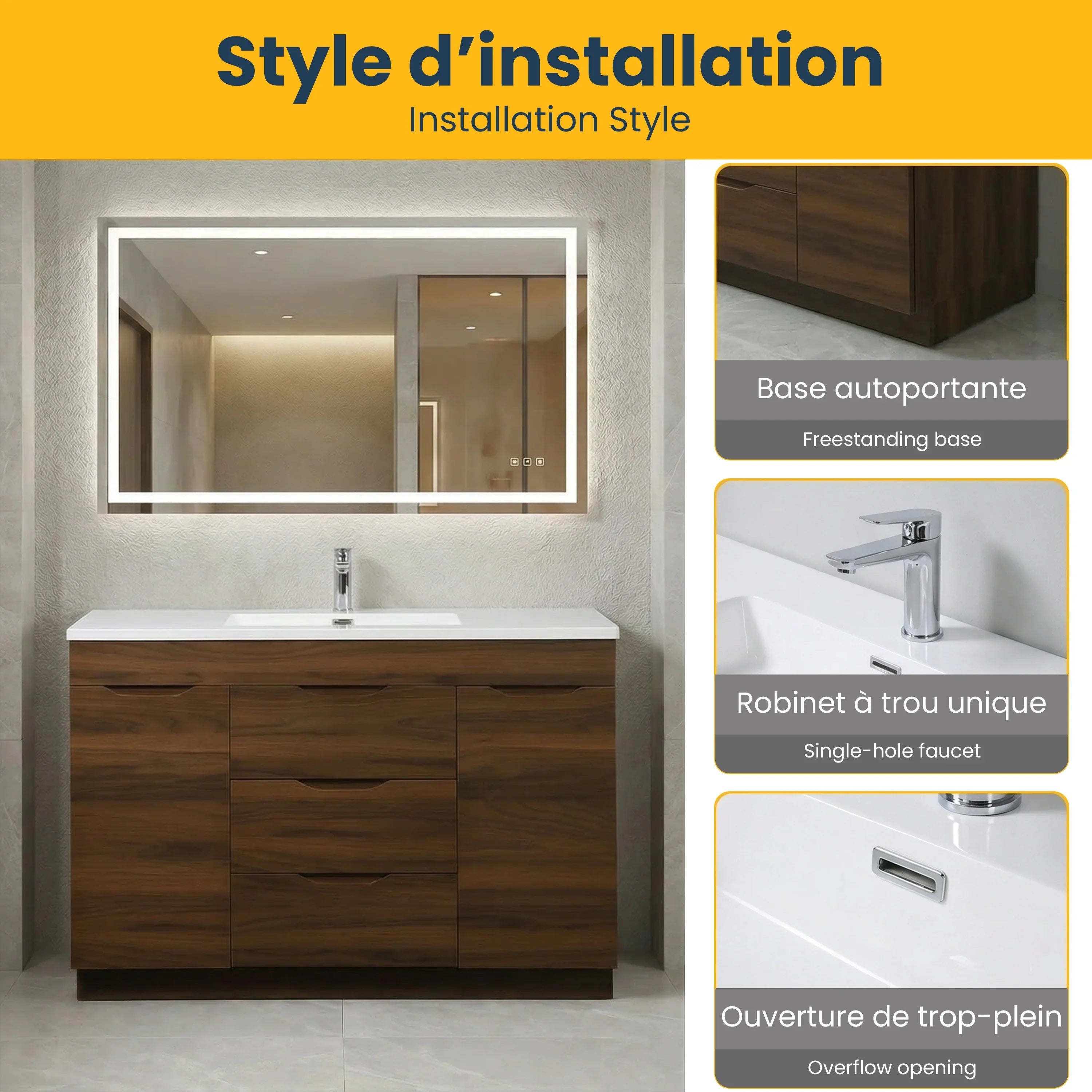 48" Walnut Freestanding Single Sink Bathroom Vanity with White Polymarble Countertop