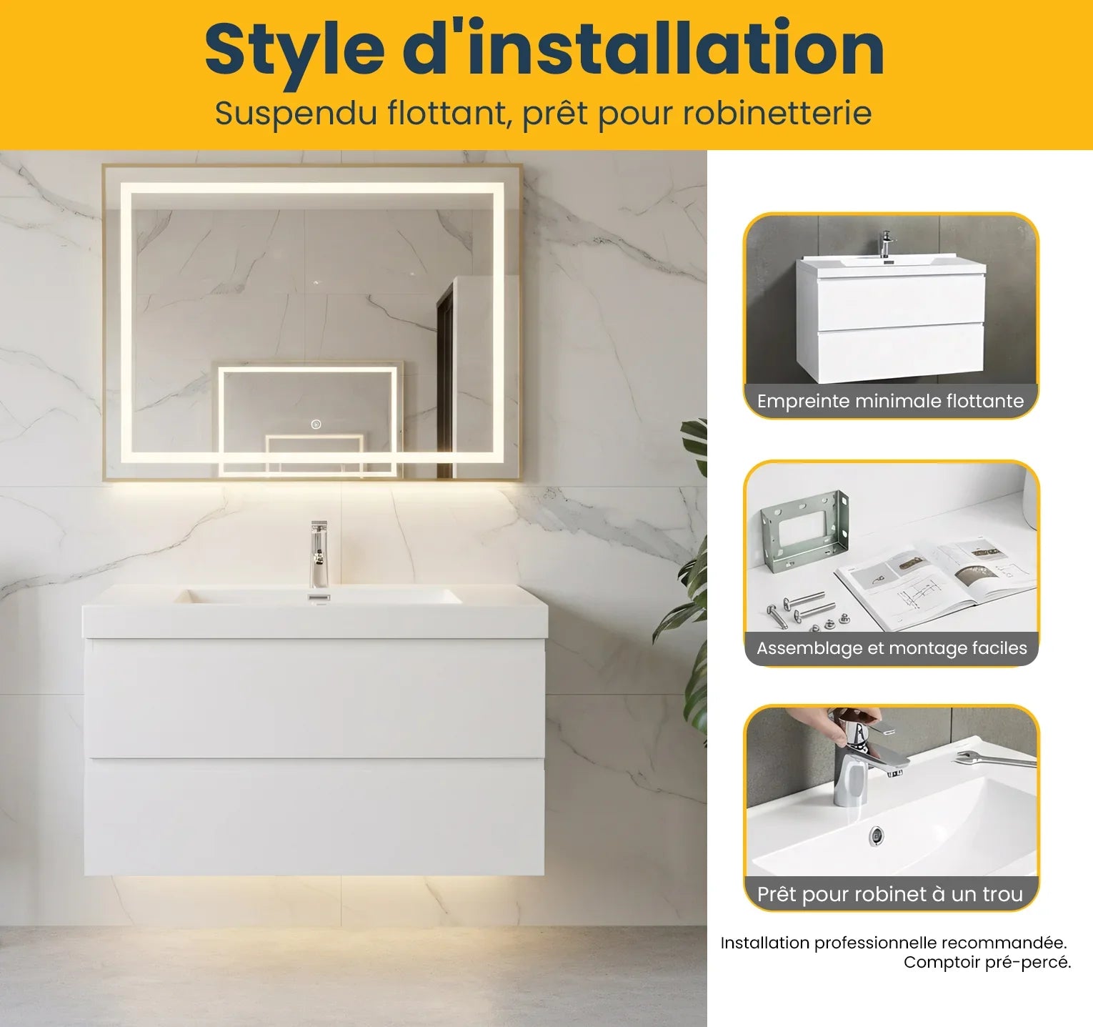 36" Glossy White Wall Mount Bathroom Vanity with White Polymarble Countertop