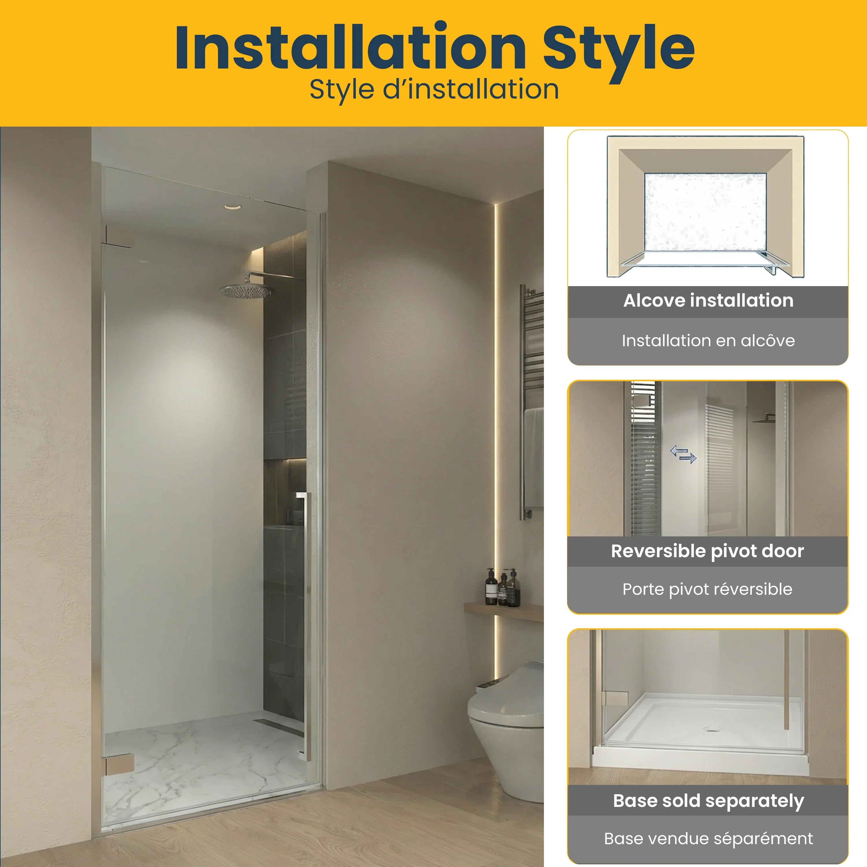 32" x 79" Reversible Chrome Pivot Shower Door with Clear Tempered Glass