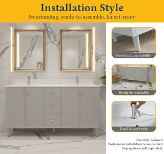 60" Hampton Grey Double Sink Freestanding Vanity with Engineered Calcutta Marble Countertop