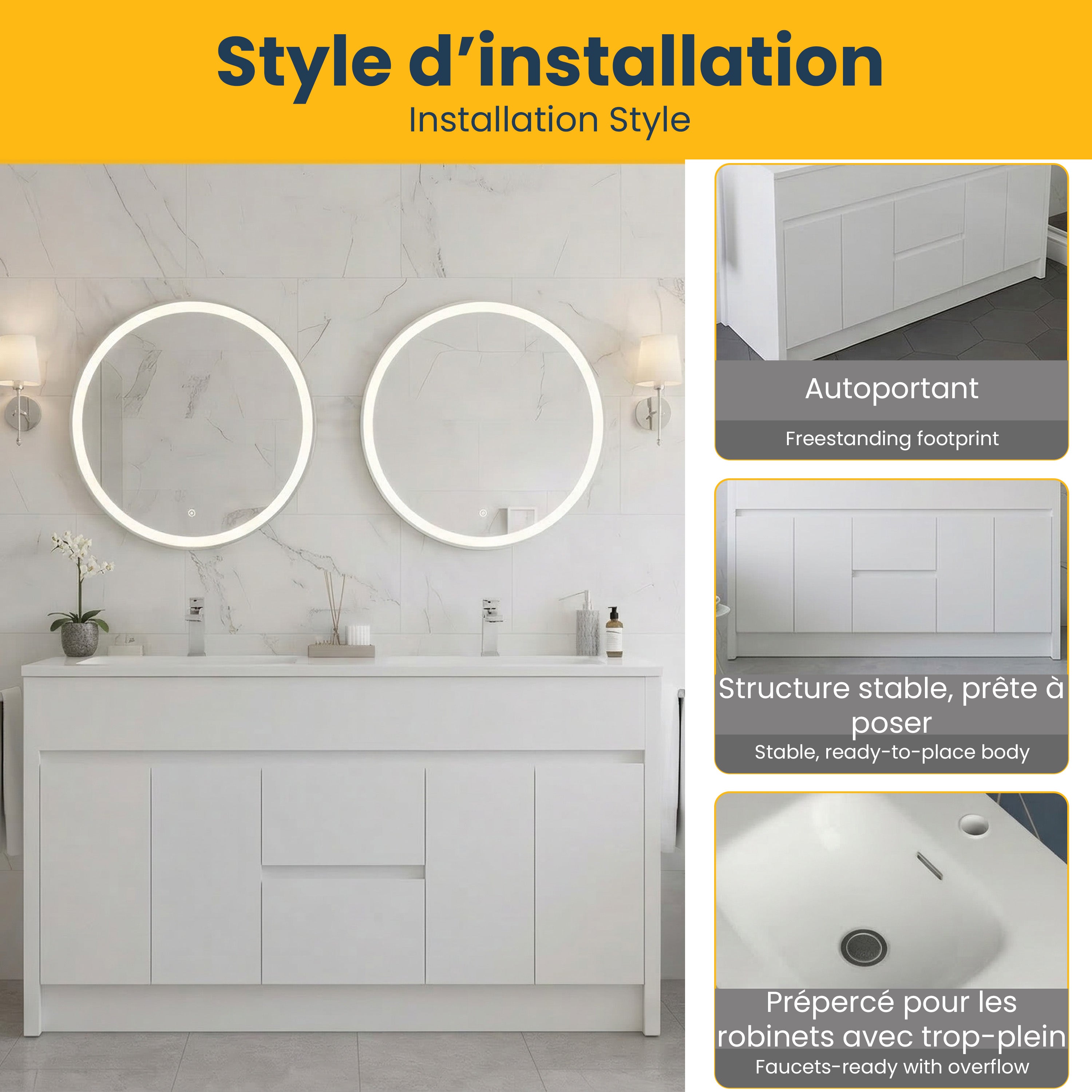 60" Matte White Freestanding Double Sink Bathroom Vanity with White Polymarble Countertop