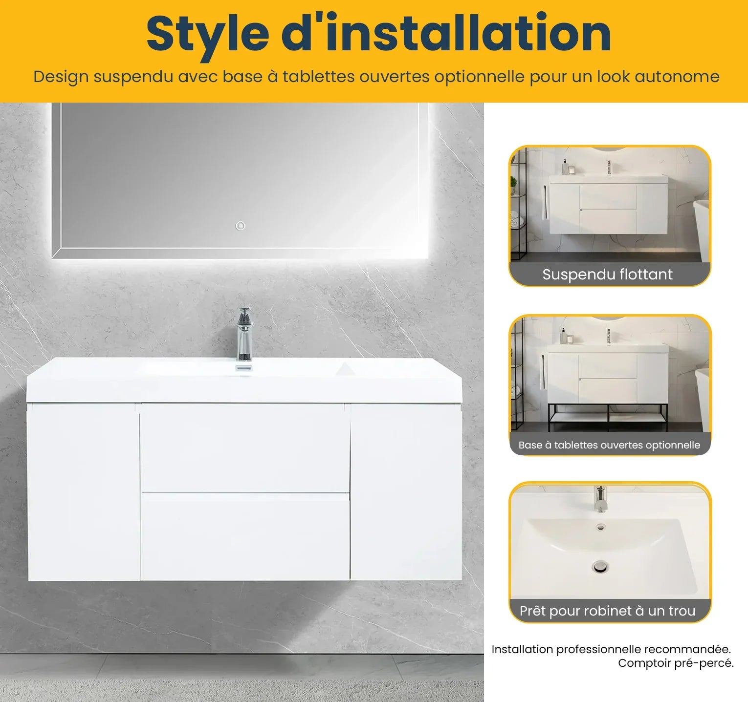 48" Glossy White Wall Mount Single Sink Bathroom Vanity with White Polymarble Countertop