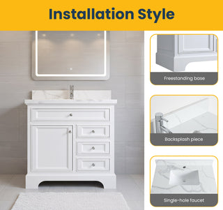 36" White Freestanding Single Sink Bathroom Vanity with Calcutta Quartz Countertop