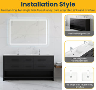 72" Black Rough Oak Freestanding Double Sink Bathroom Vanity with White Polymarble Countertop