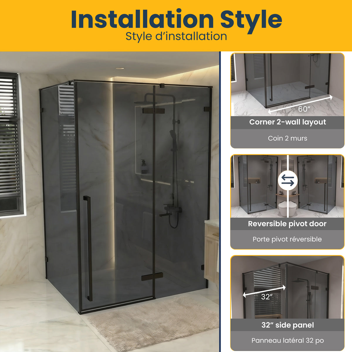 57,6po–58po L (largeur ajustable) x 79po H Porte de douche pivotante réversible sans cadre en noir mat avec verre teinté noir et panneau latéral 30,2po–30,5po