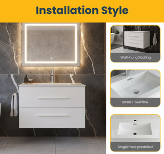 Meuble-Lavabo Mural 30po Blanc Mat avec Comptoir de Céramique Blanc