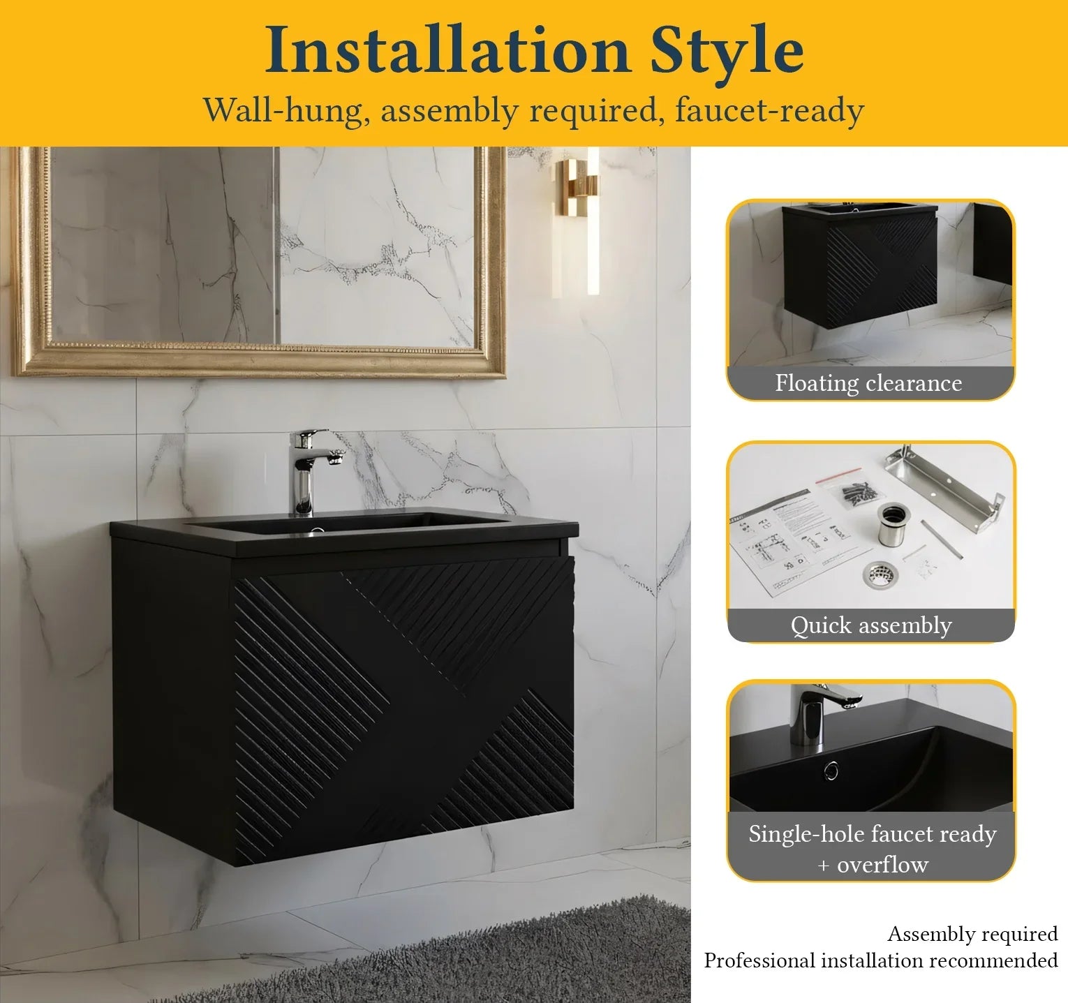 Meuble-Lavabo Mural 24po Noir avec Comptoir de Quartz d'ingénierie Noir
