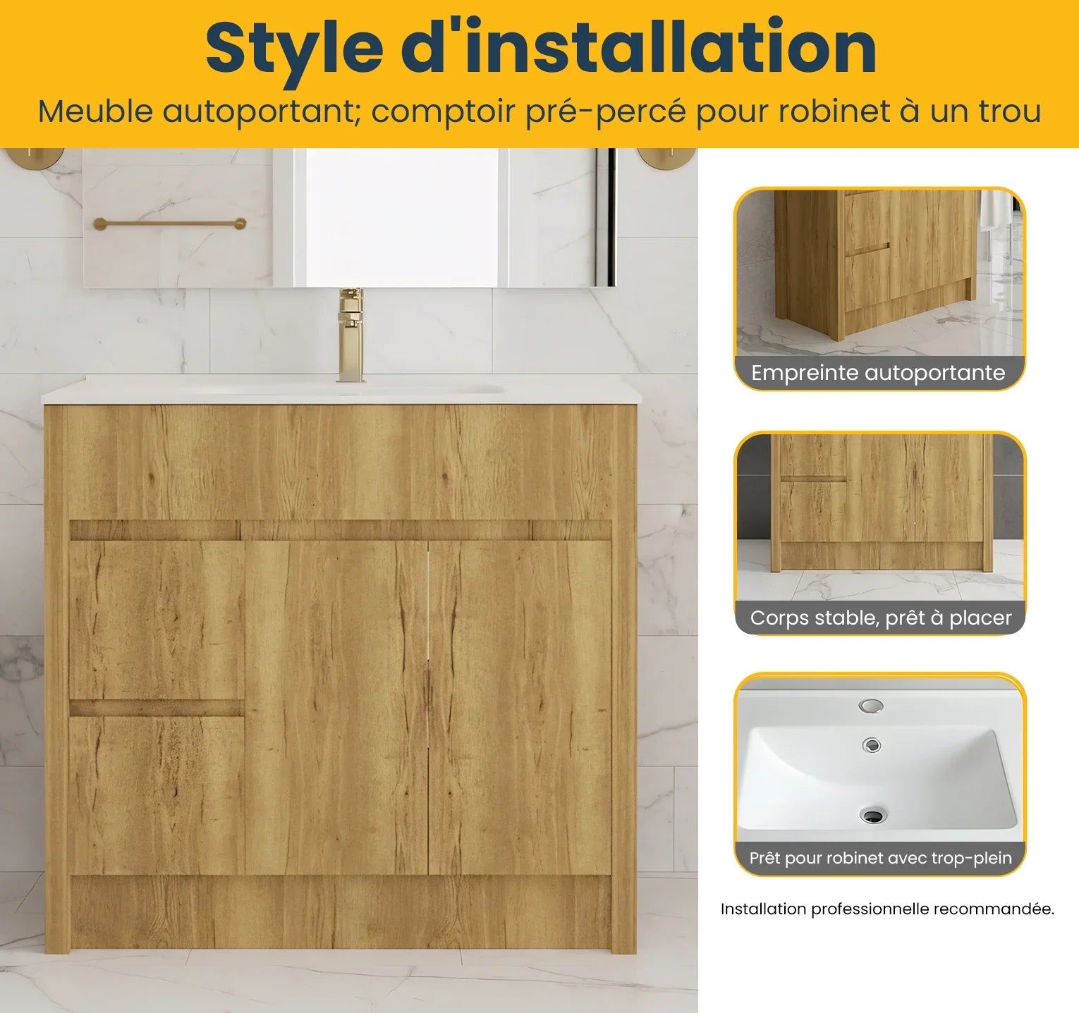 Meuble-Lavabo Autoportant 40po Chêne Givré avec Comptoir de Céramique Blanc