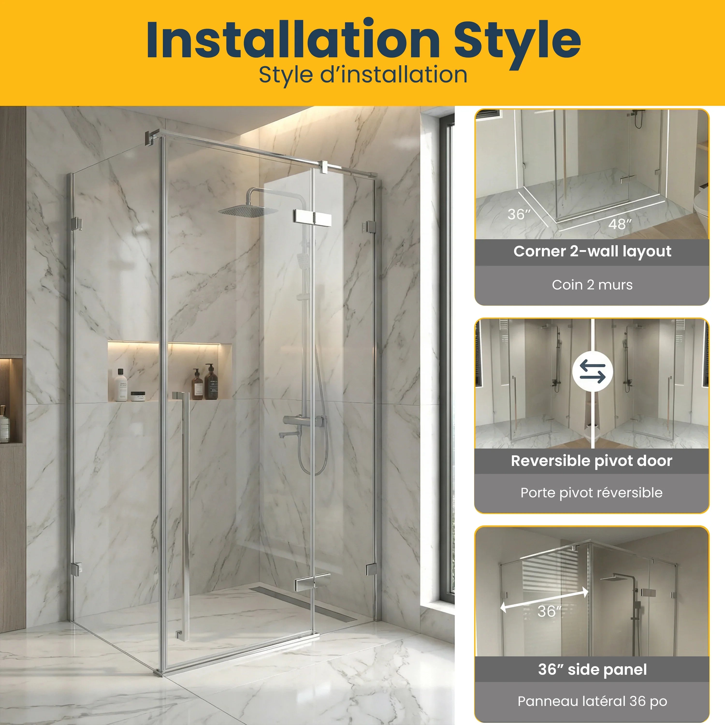 45.6"–46" x 79" Chrome Reversible Pivot Shower Door with 34.1"–34.5" Side Panel – Clear Tempered Glass