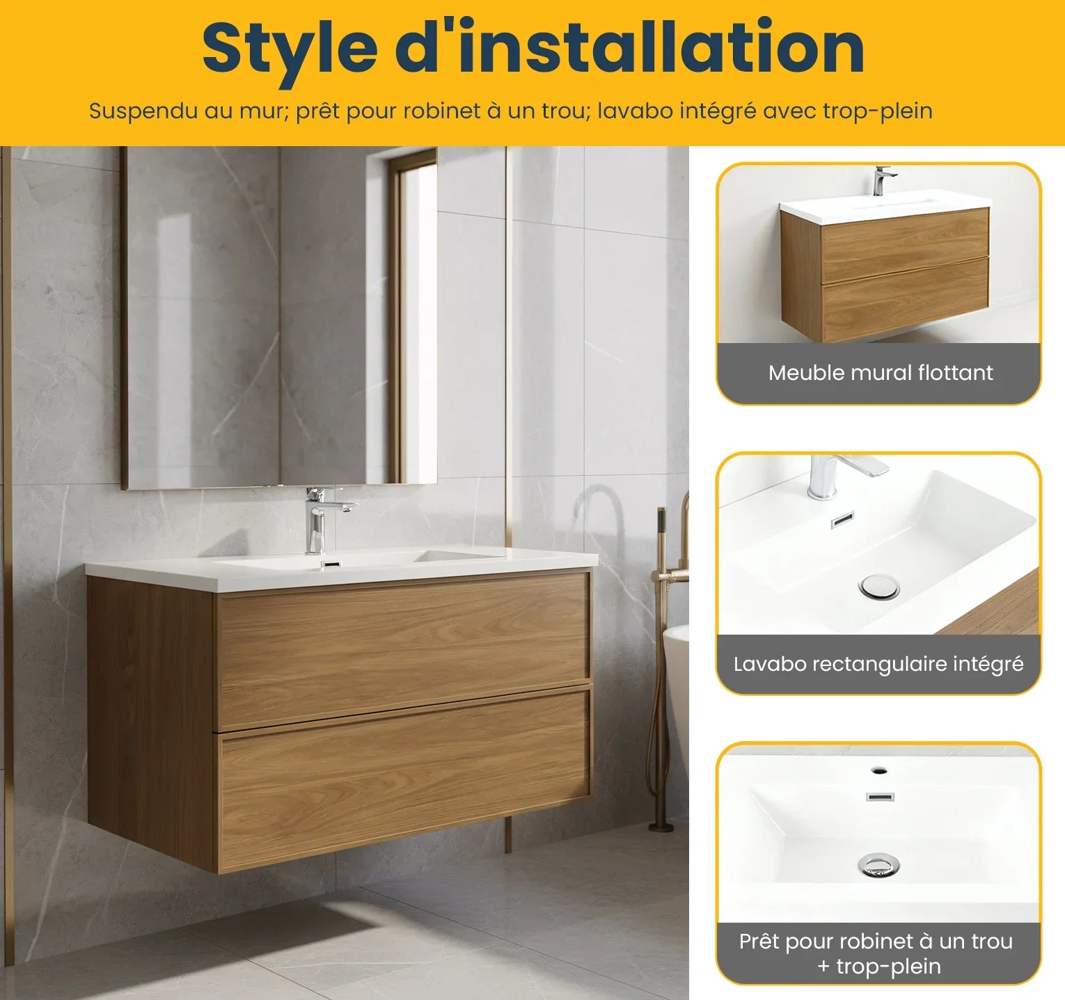 36" Honey Gold Walnut Wall Mount Bathroom Vanity with White Polymarble Countertop