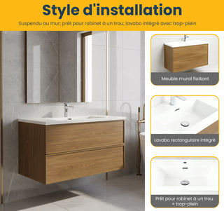 Meuble-Lavabo Mural 36po Noyer Miel Doré avec Comptoir de Polymarbre Blanc