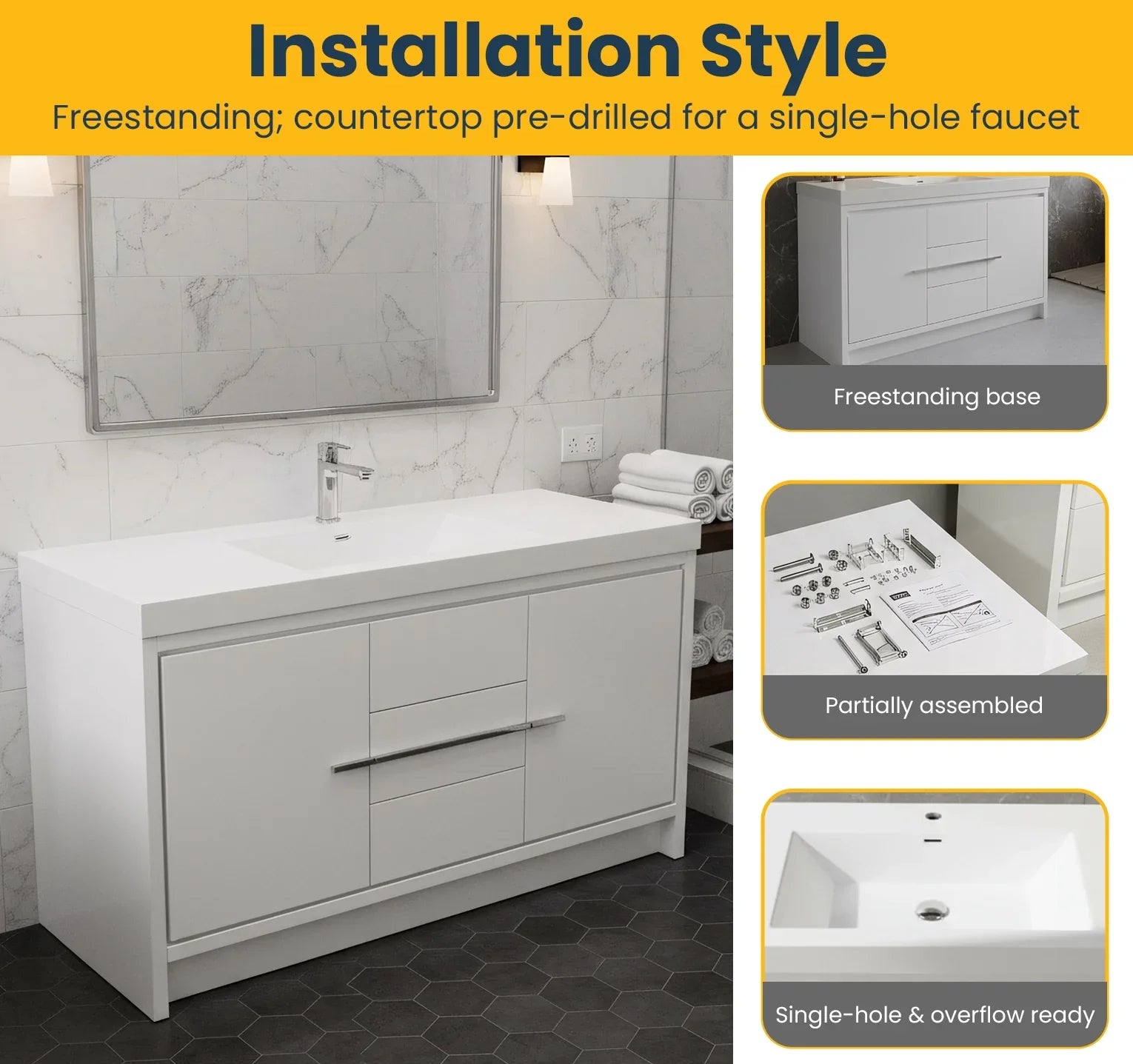 60" Glossy White Freestanding Single Sink Bathroom Vanity with White Polymarble Countertop