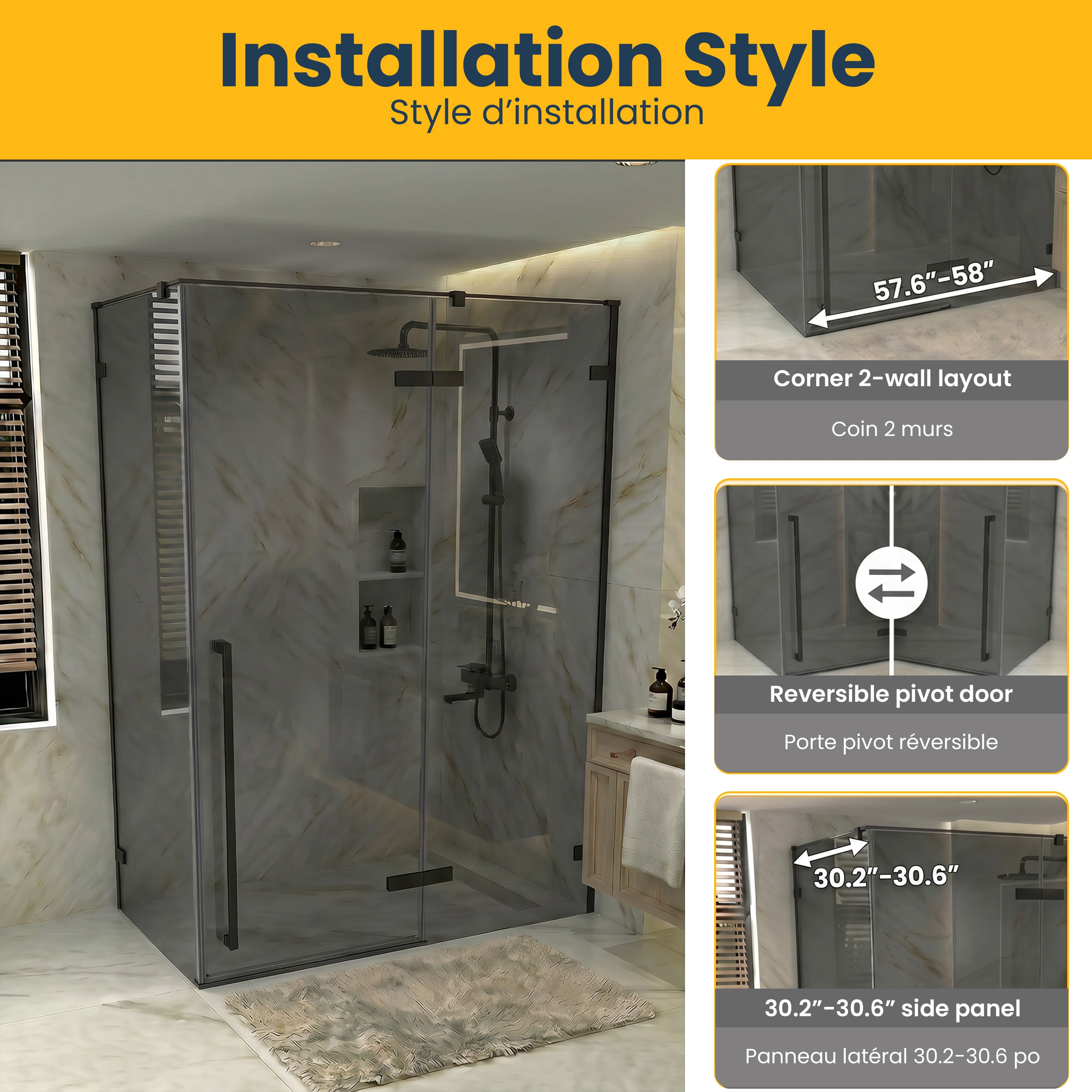 57,6po–58po L (largeur ajustable) x 79po H Porte de douche pivotante réversible sans cadre en noir mat avec verre teinté noir et panneau latéral 30,2po–30,5po