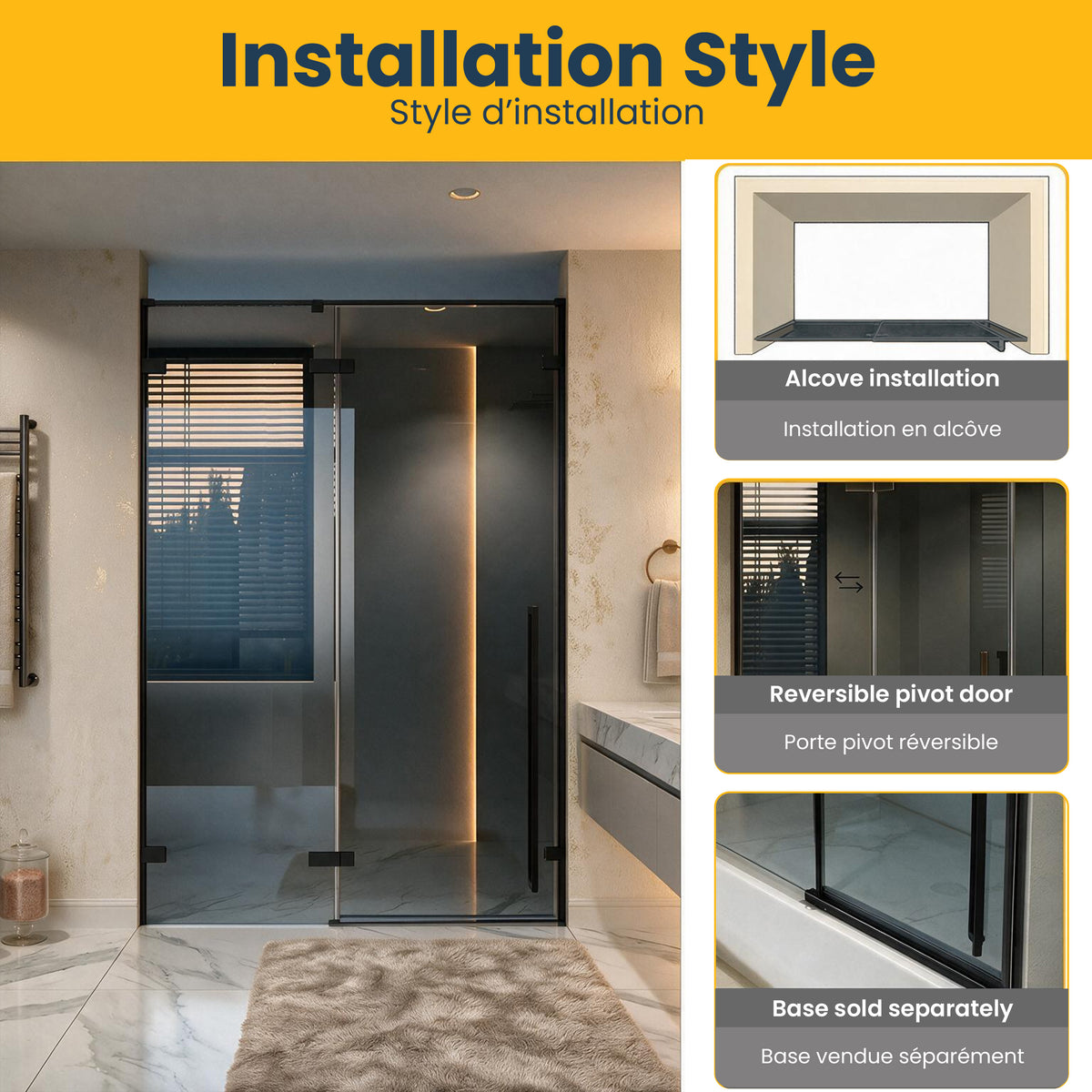 57,6po–58po L (largeur ajustable) x 79po H Porte de douche pivotante réversible sans cadre en noir mat avec verre teinté noir