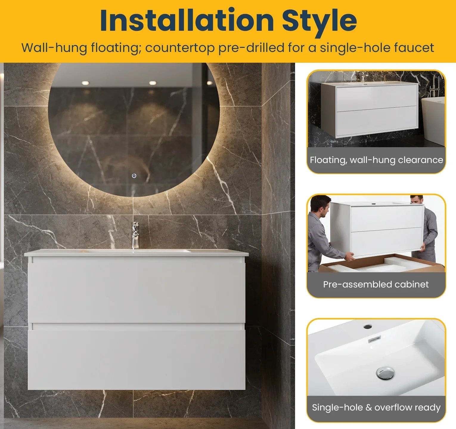 36" White Wall Mount Vanity with White Polymarble Countertop