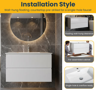 Meuble-lavabo mural blanc 36" avec Comptoir en polymarbre blanc