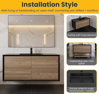 48" Black & Rough Oak Wall Mount Single Sink Bathroom Vanity with Black Engineered Quartz Countertop