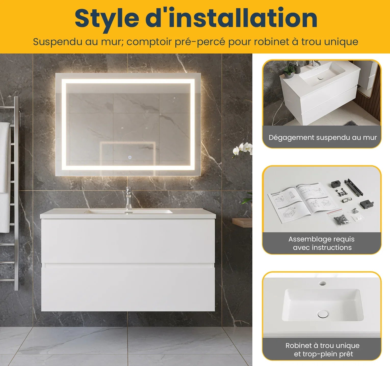 36" White Wall Mount Single Sink Bathroom Vanity with White Polymarble Countertop