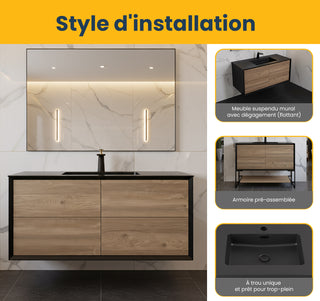 48" Black & Rough Oak Wall Mount Single Sink Bathroom Vanity with Black Engineered Quartz Countertop