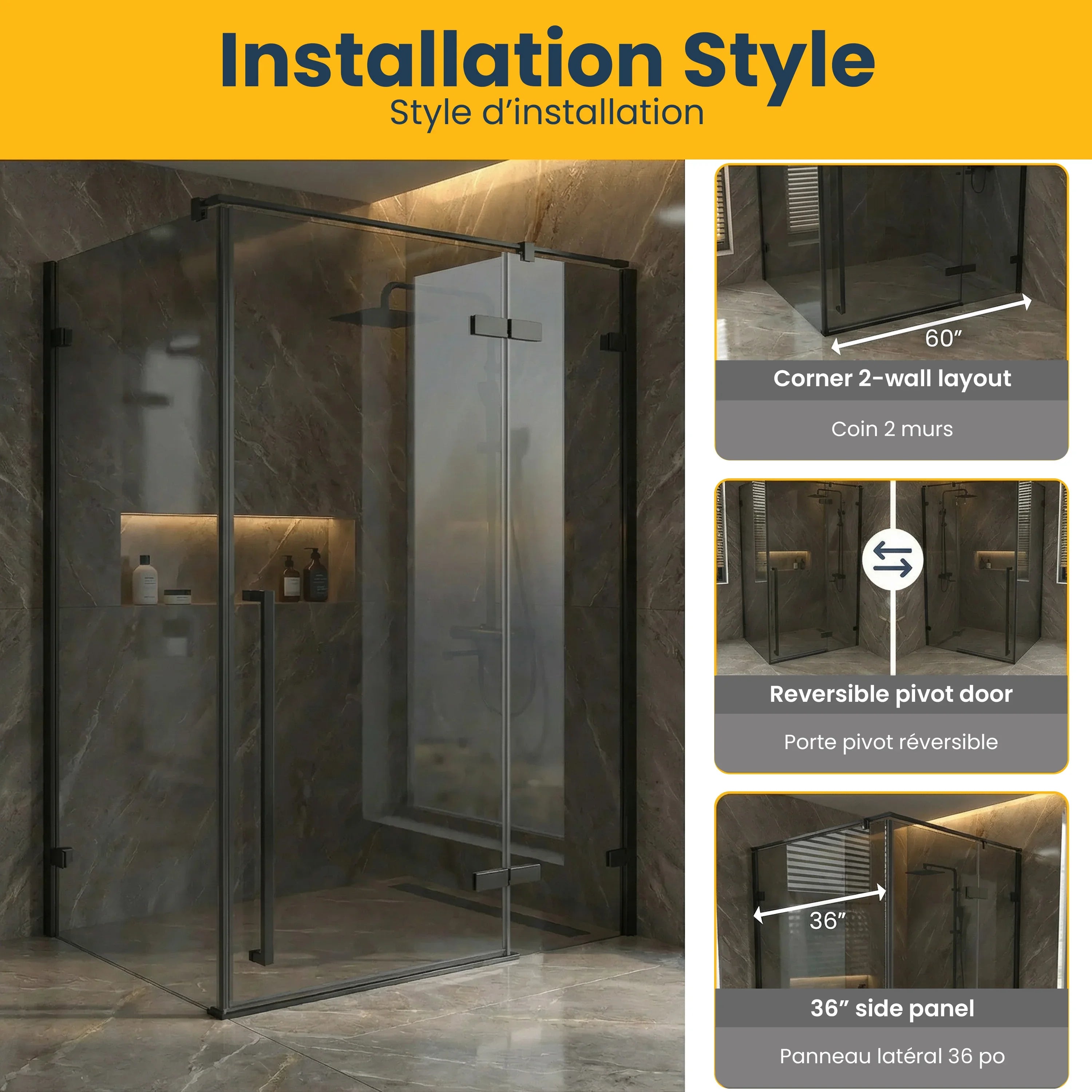 60" x 79" Matte Black Reversible Pivot Shower Door with 36" Black Tinted Glass Side Panel