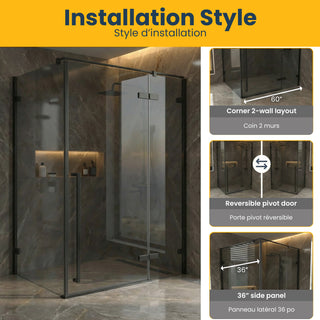 60 po x 79 po Panneau de Porte de Douche Fixe Pivotante Noir Mat Réversible avec Verre Teinté Noir et 36 po x 79 po Panneau Latéral