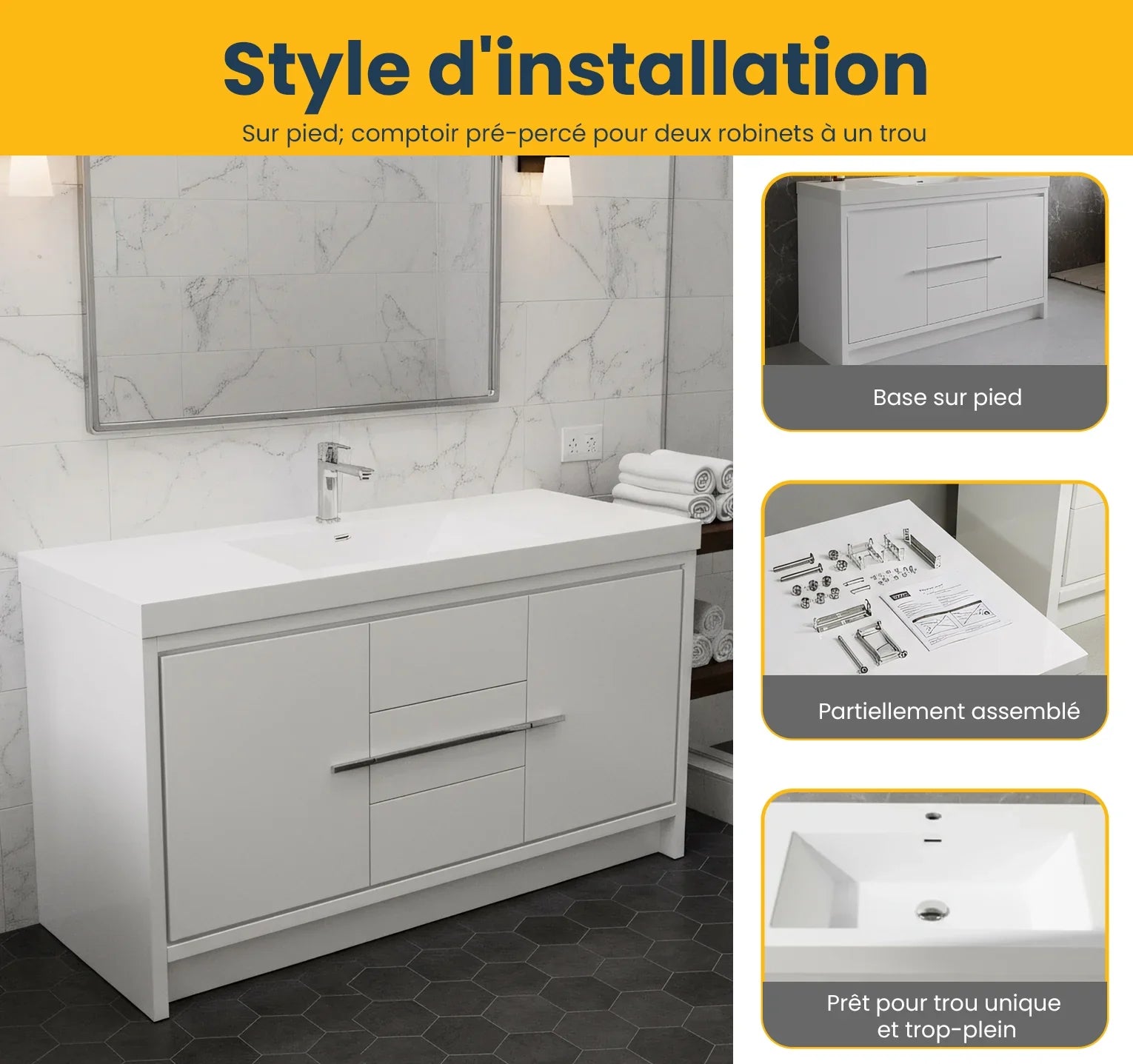 60" Glossy White Freestanding Single Sink Bathroom Vanity with White Polymarble Countertop