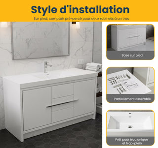 60" Glossy White Freestanding Single Sink Bathroom Vanity with White Polymarble Countertop