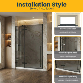 60 po x 79 po Panneau de Porte de Douche Fixe Pivotante Noir Mat Réversible avec Verre Teinté Noir sans base