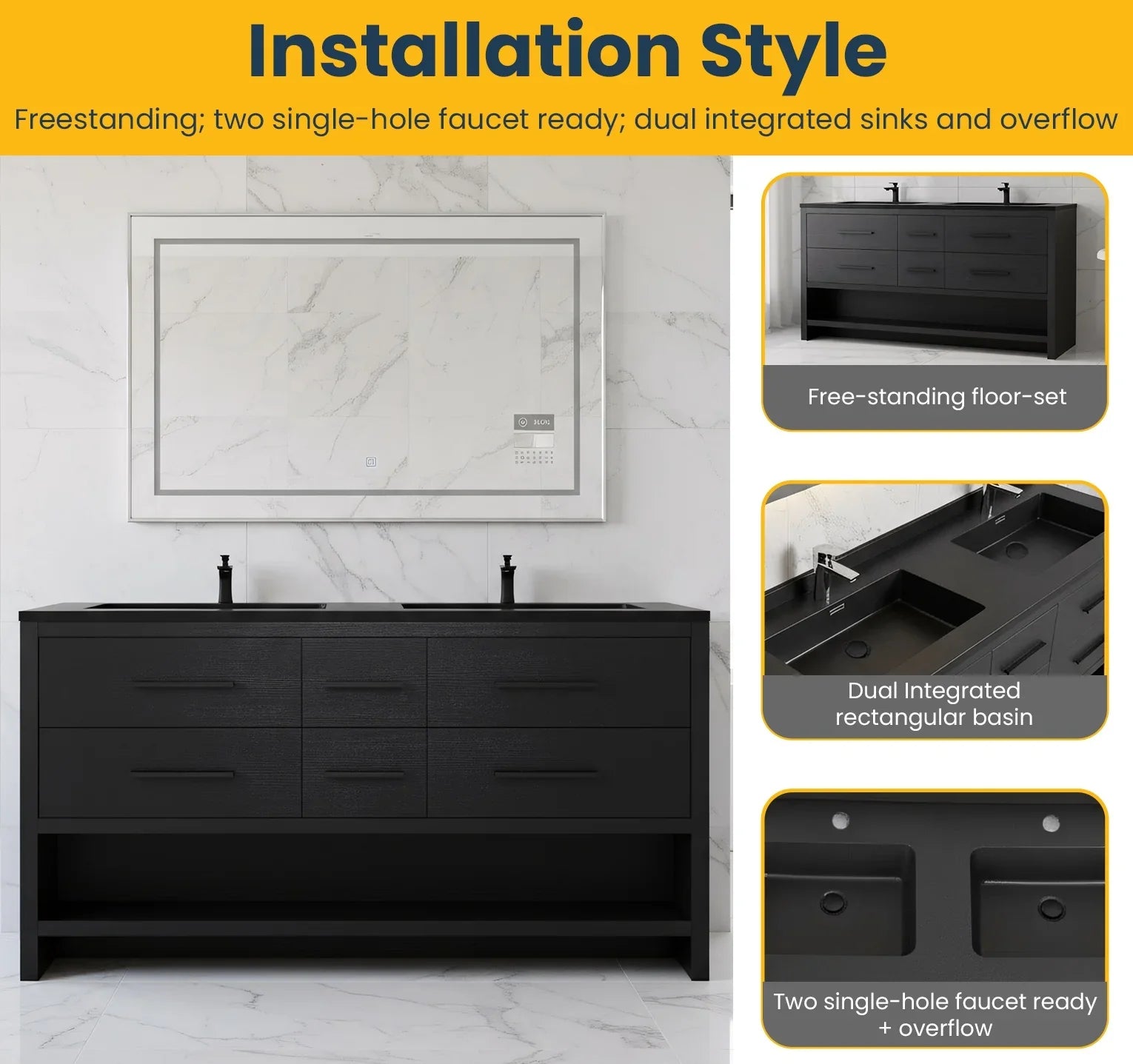 Meuble-lavabo de salle de bain autoportant en chêne brut noir de 72" avec Comptoir en quartz noir reconstitué