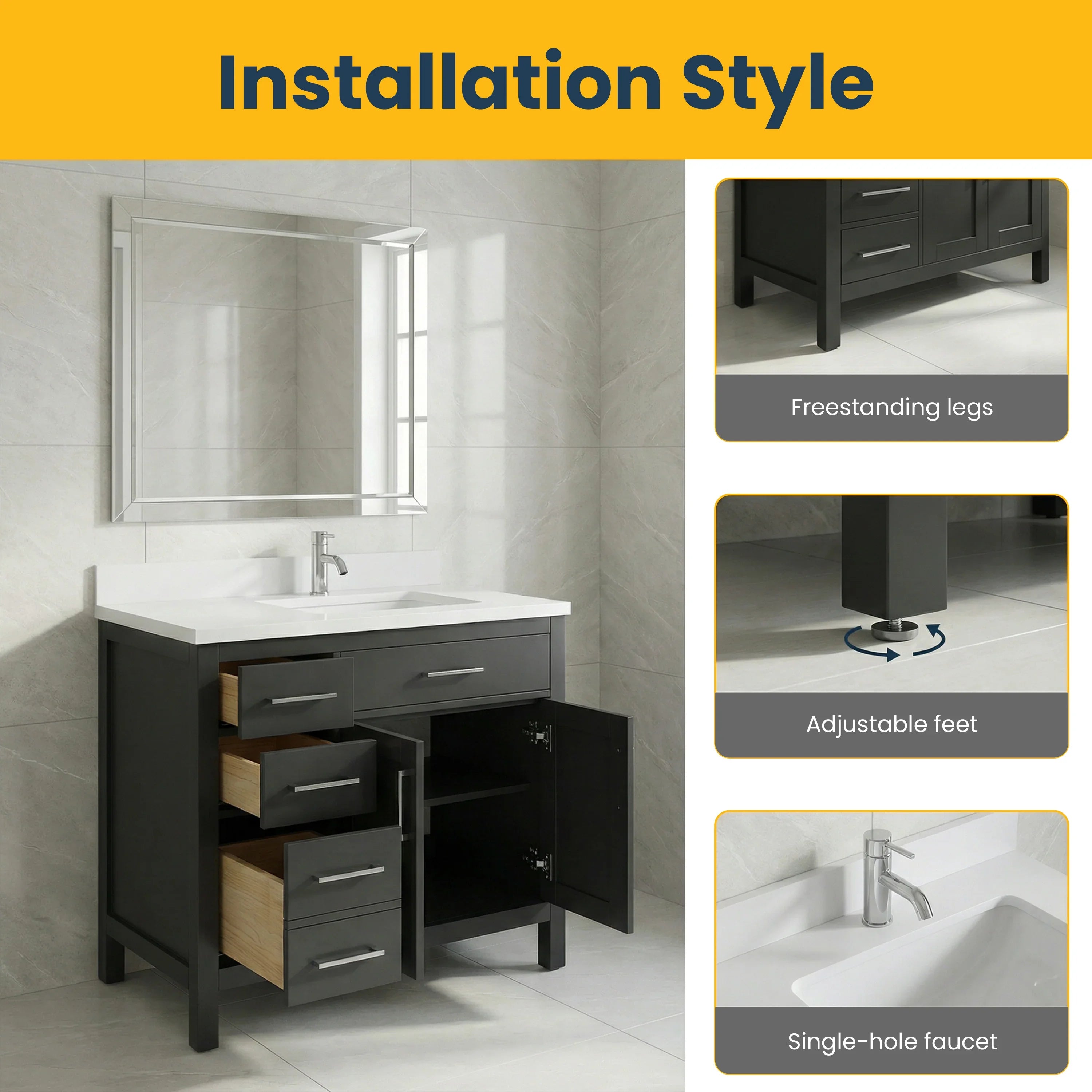 Meuble-lavabo autoportant noir de 36 po avec comptoir en marbre blanc reconstitué